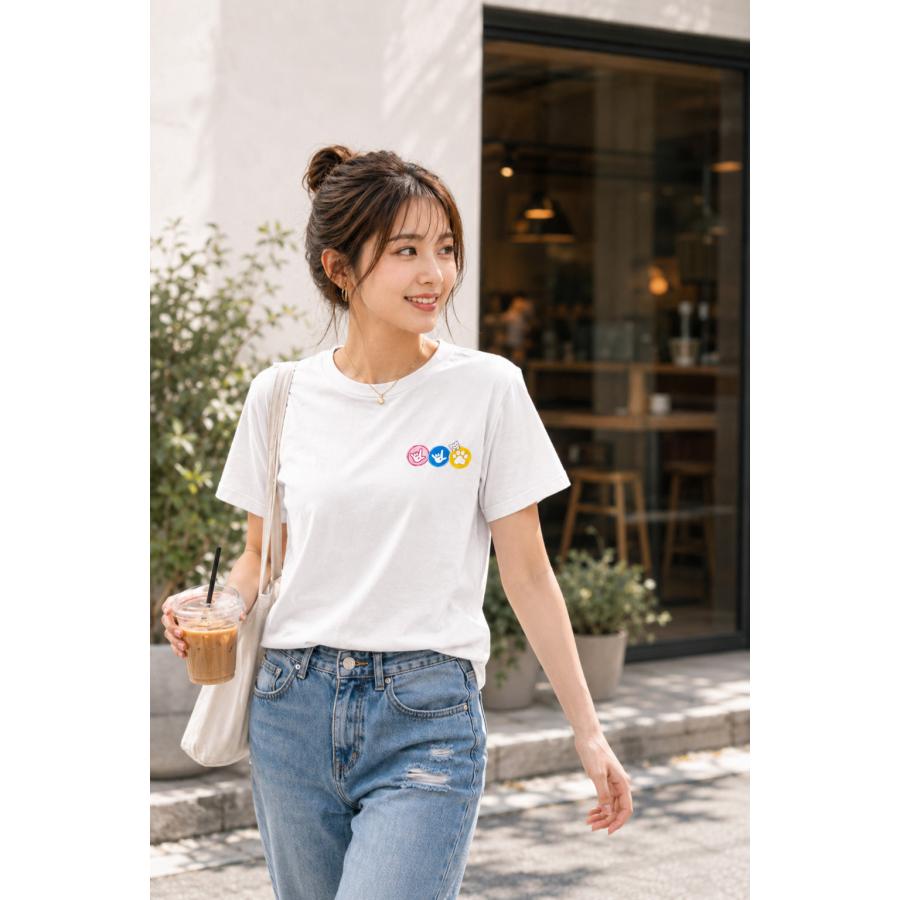 手話 I LOVE YOU 猫・肉球デザイン半袖Tシャツ|男女兼用