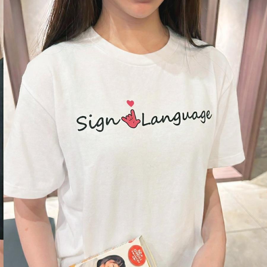手話 I LOVE YOU ピンクハート半袖Tシャツ|Sign Language