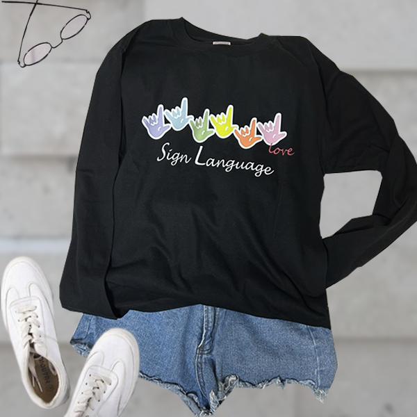 手話 I LOVE YOU カラフルデザイン長袖Tシャツ|男女兼用