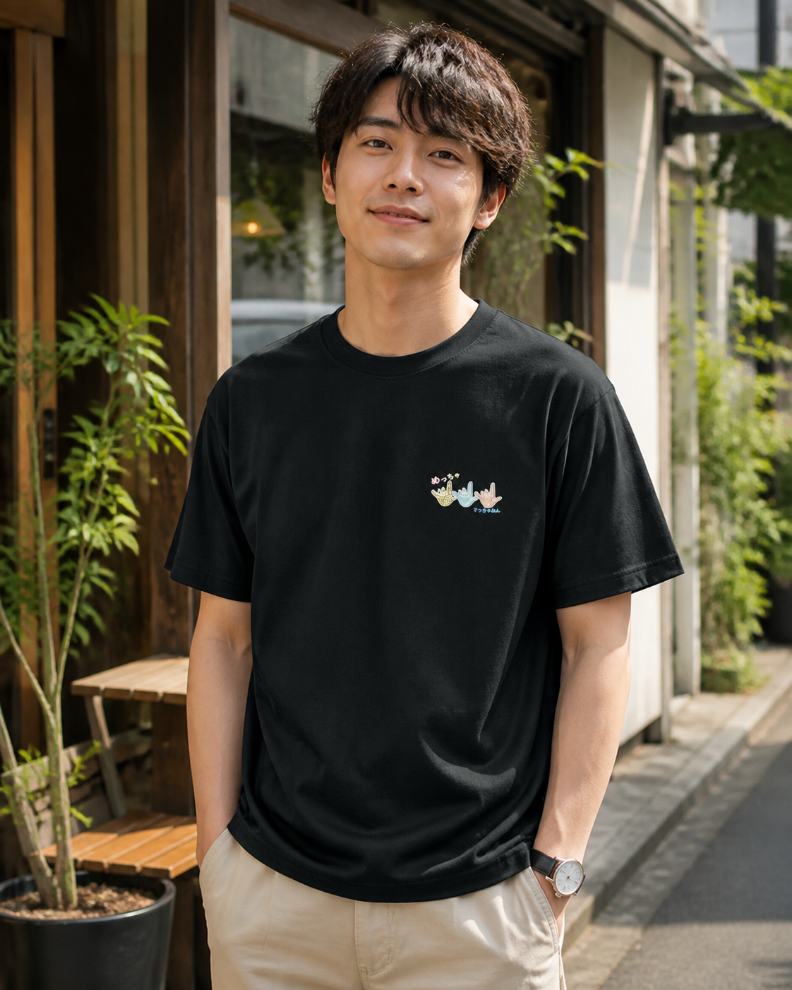 手話 I LOVE YOU めっちゃすっきゃねん ワンポイント半袖Tシャツ|黒・男女兼用